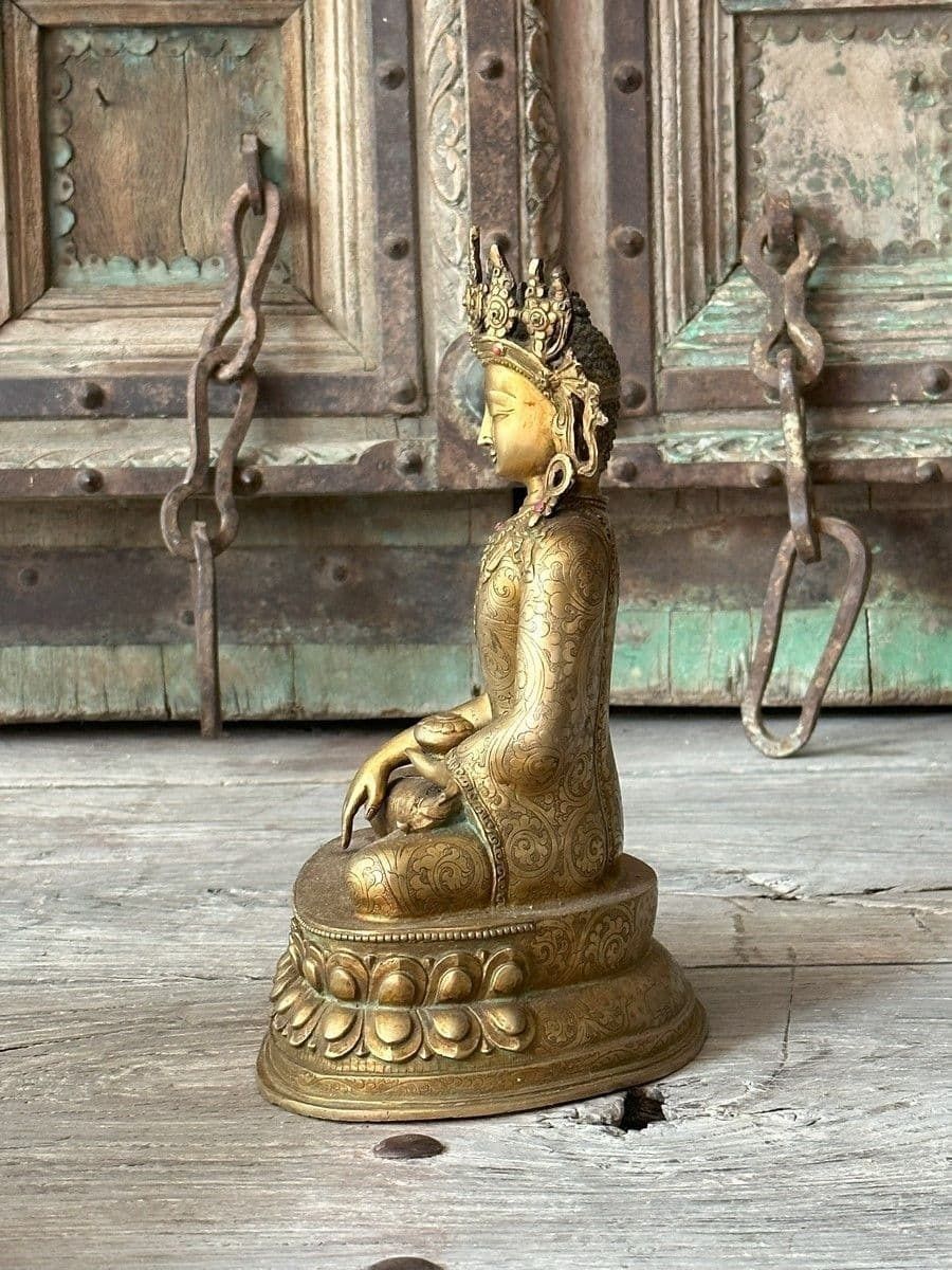 Gold Plated Bronze Buddha With Jewels & Crown, Nepal photo 995.0