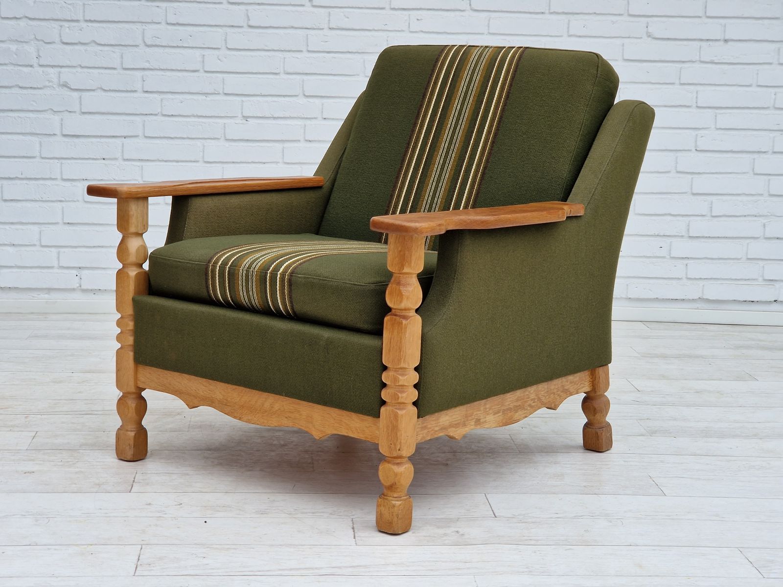 1970s, Danish Design, Lounge Chair In Green Furniture Wool, Oak Wood. photo vintage