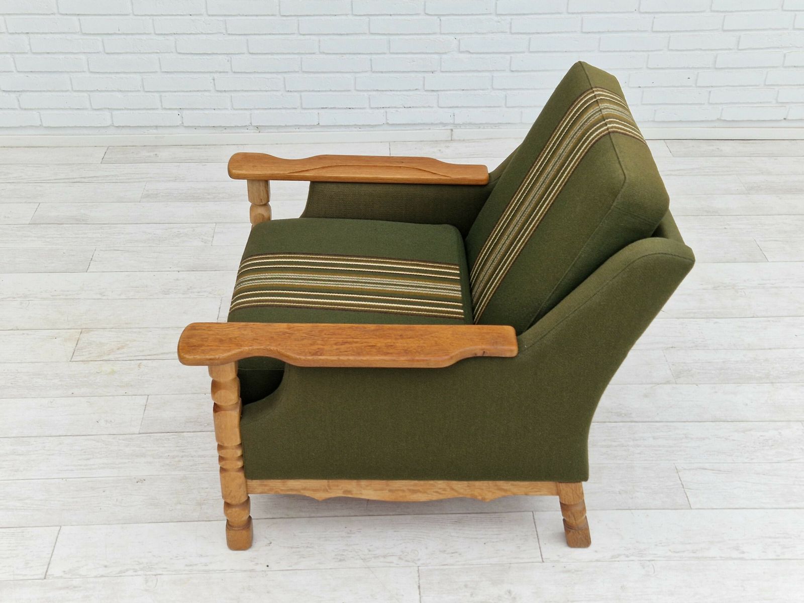 photo furniture 1970s, Danish Design, Lounge Chair In Green Furniture Wool, Oak Wood.