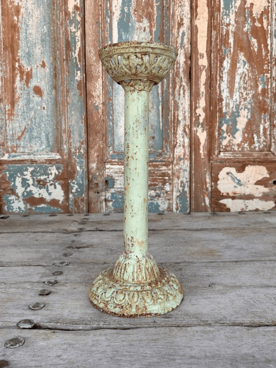 Vintage Iron Candle Holder With Faded Paint Tones