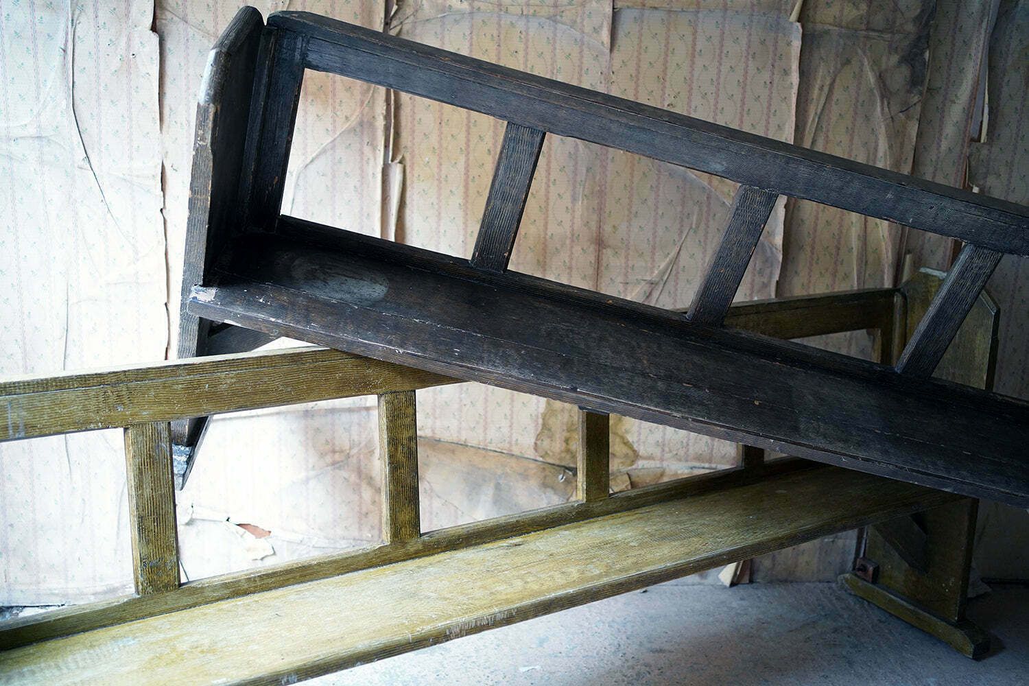 Furniture A Large Pair Of Victorian Comb Decorated Painted Pine Church Pews C.1870 photo