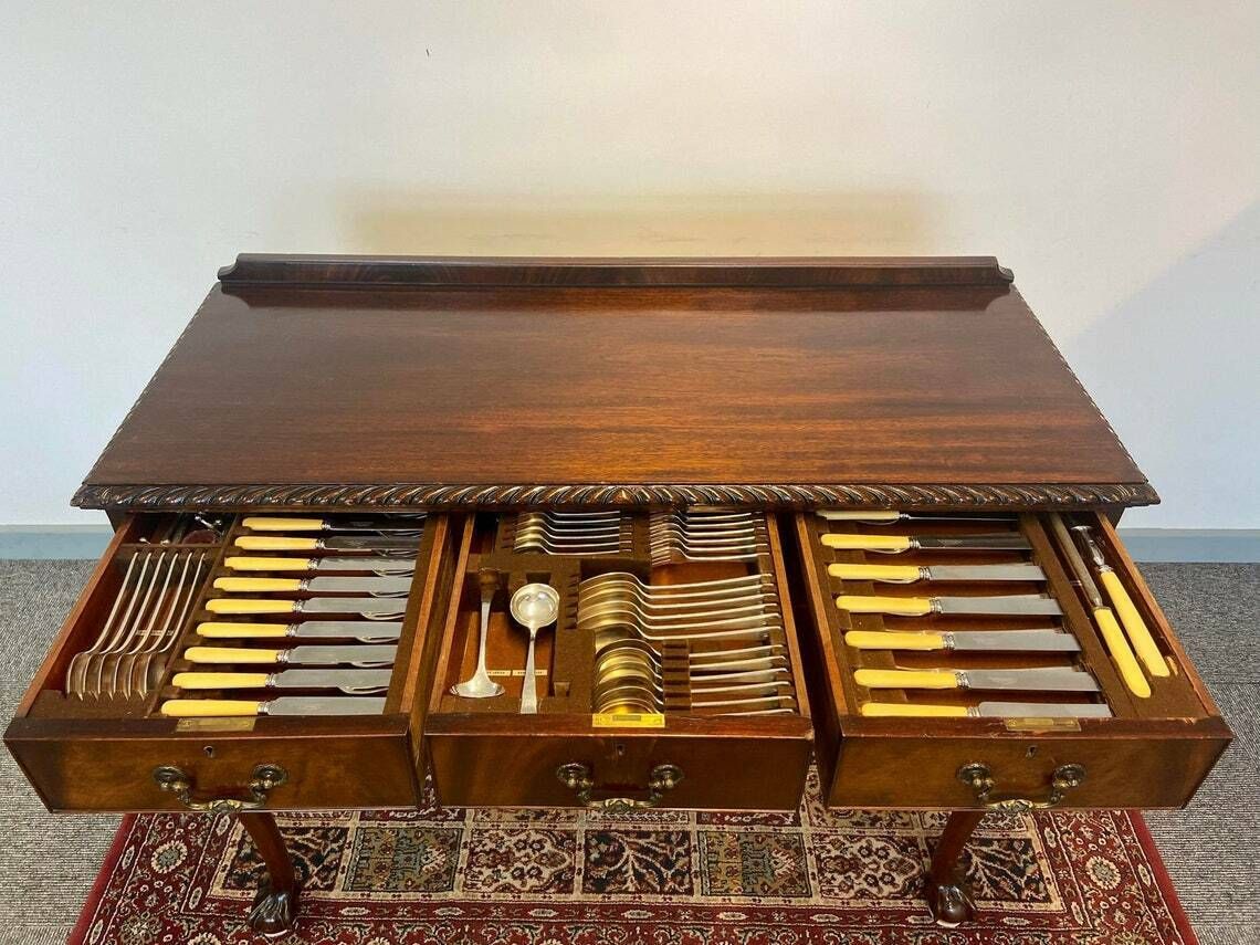 Antique Elkington & Co. / Plate Canteen With Cutlery / Set 86 Pieces / Chippendale Three Drawer Console Table / 1930s photo furniture