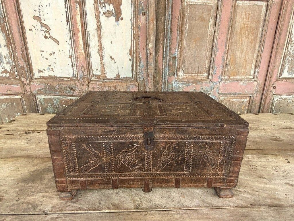19th Century Dowry Box With Carvings Of Peacocks & Hanuman The Monkey God