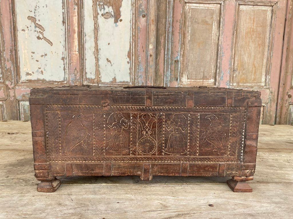 19th Century Dowry Box With Carvings Of Peacocks & Hanuman The Monkey God photo Furniture
