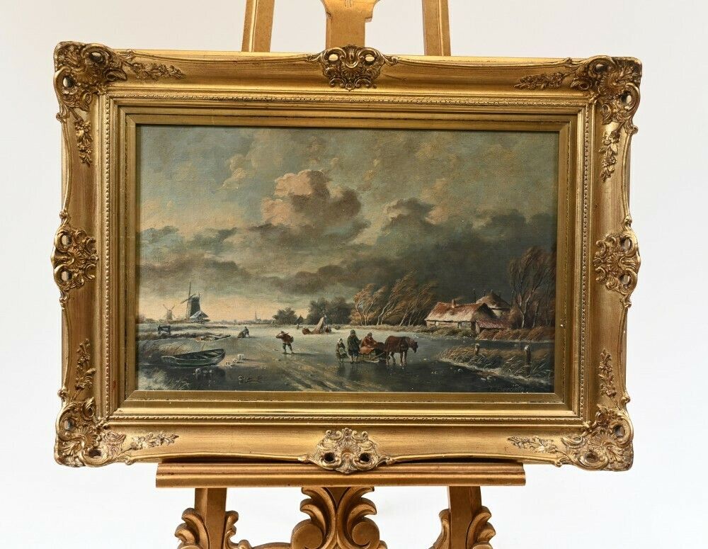 Dutch Oil Painting Frozen Landscape Signed T Bergman photo furniture