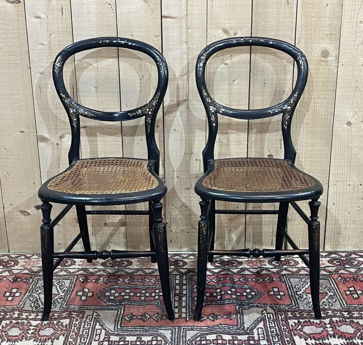 Pair Of Napoleon III 19th Century Chairs In Norci Wood And Mother Of Pearl Inlay