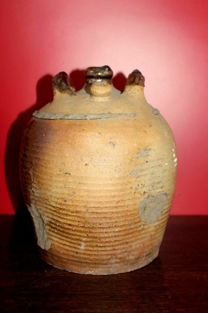 Tactile 19thc Antique French Hand Turned Clay Stoneware Twin Handled Oil Pot photo Home Decor