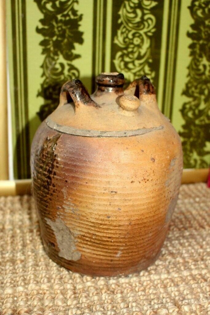 Tactile 19thc Antique French Hand Turned Clay Stoneware Twin Handled Oil Pot photo buy
