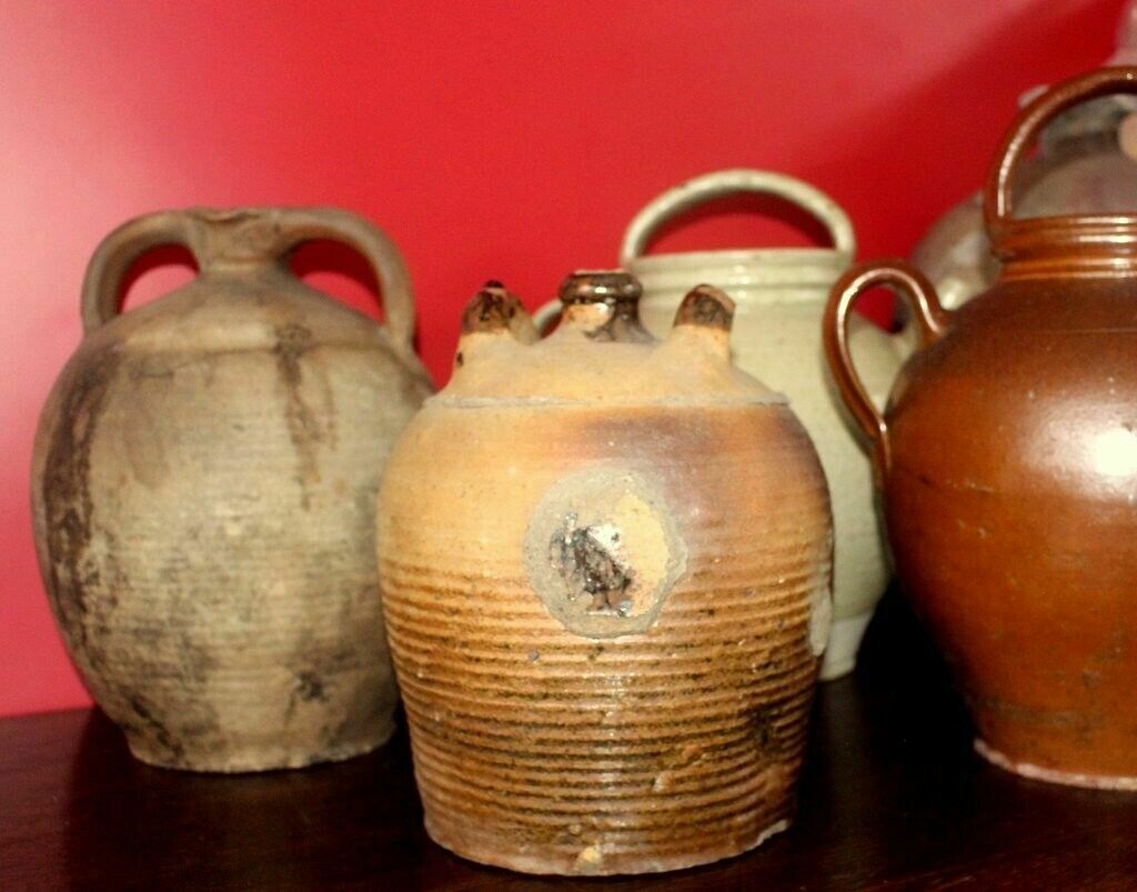 photo vintage Tactile 19thc Antique French Hand Turned Clay Stoneware Twin Handled Oil Pot