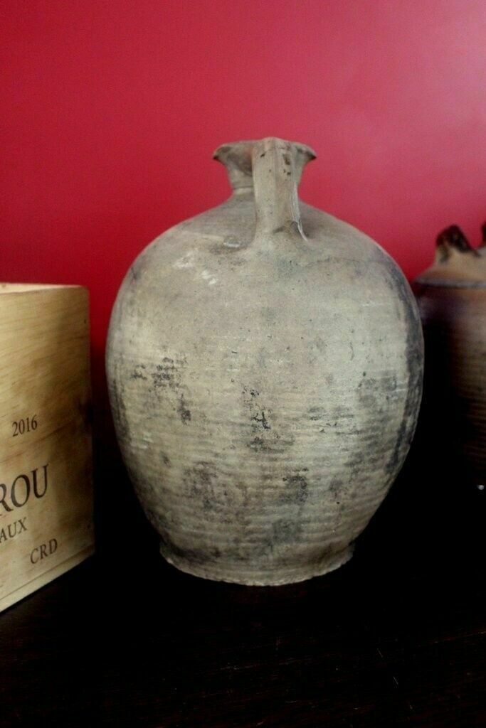 Tactile 19thc Antique French Hand Turned Clay Stoneware Twinhandled Oil Pot photo 124.0