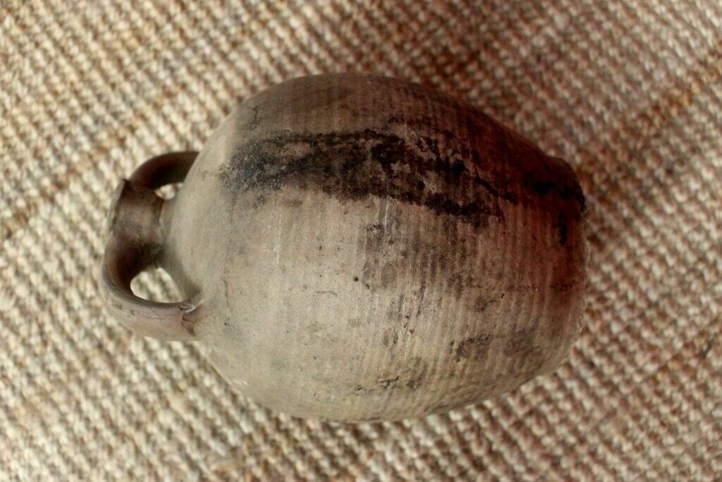 Tactile 19thc Antique French Hand Turned Clay Stoneware Twinhandled Oil Pot photo buy