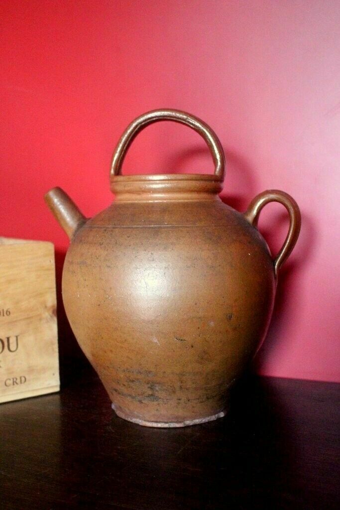 19thc Antique French Hand Turned Clay Stoneware 2 Handle Oil Pot