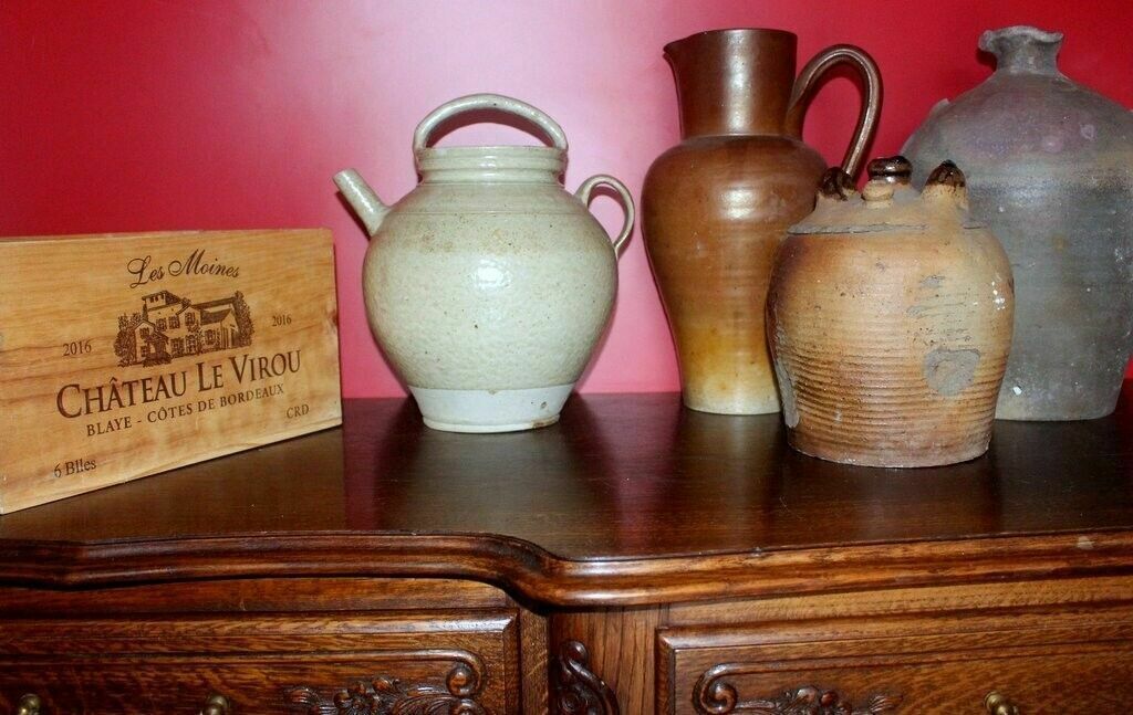 101.0 19thc Antique French Hand Turned Clay Stoneware 2 Handle Oil Pot photo