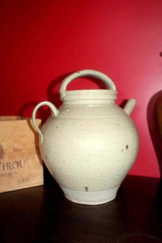 19thc Cream Antique French Hand Turned Clay Stoneware 2 Handle Oil Pot photo 101.0