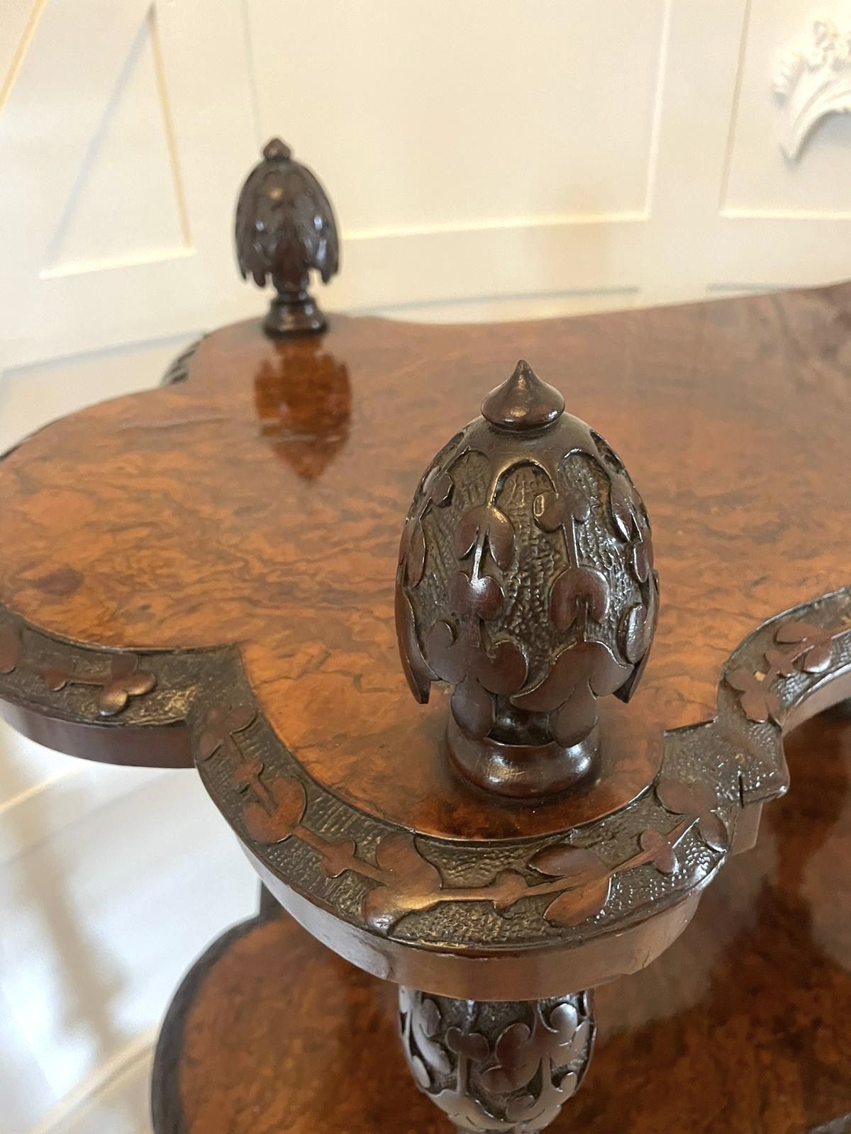 3995.0 Rare Irish Antique 19th Century Exhibition Quality Freestanding Burr Walnut Carved Whatnot photo