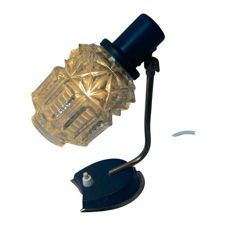 Approx. 1950   Night Lamp Or Desk Lamp   Rewired   Blue Metal Base And Pressed Glass Shade photo furniture