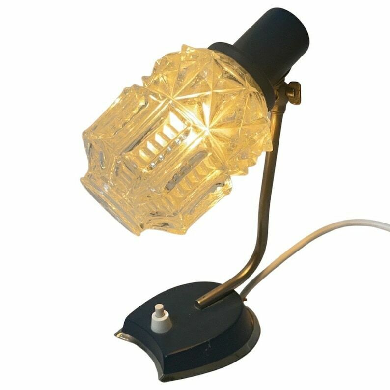 Approx. 1950   Night Lamp Or Desk Lamp   Rewired   Blue Metal Base And Pressed Glass Shade photo vinterior