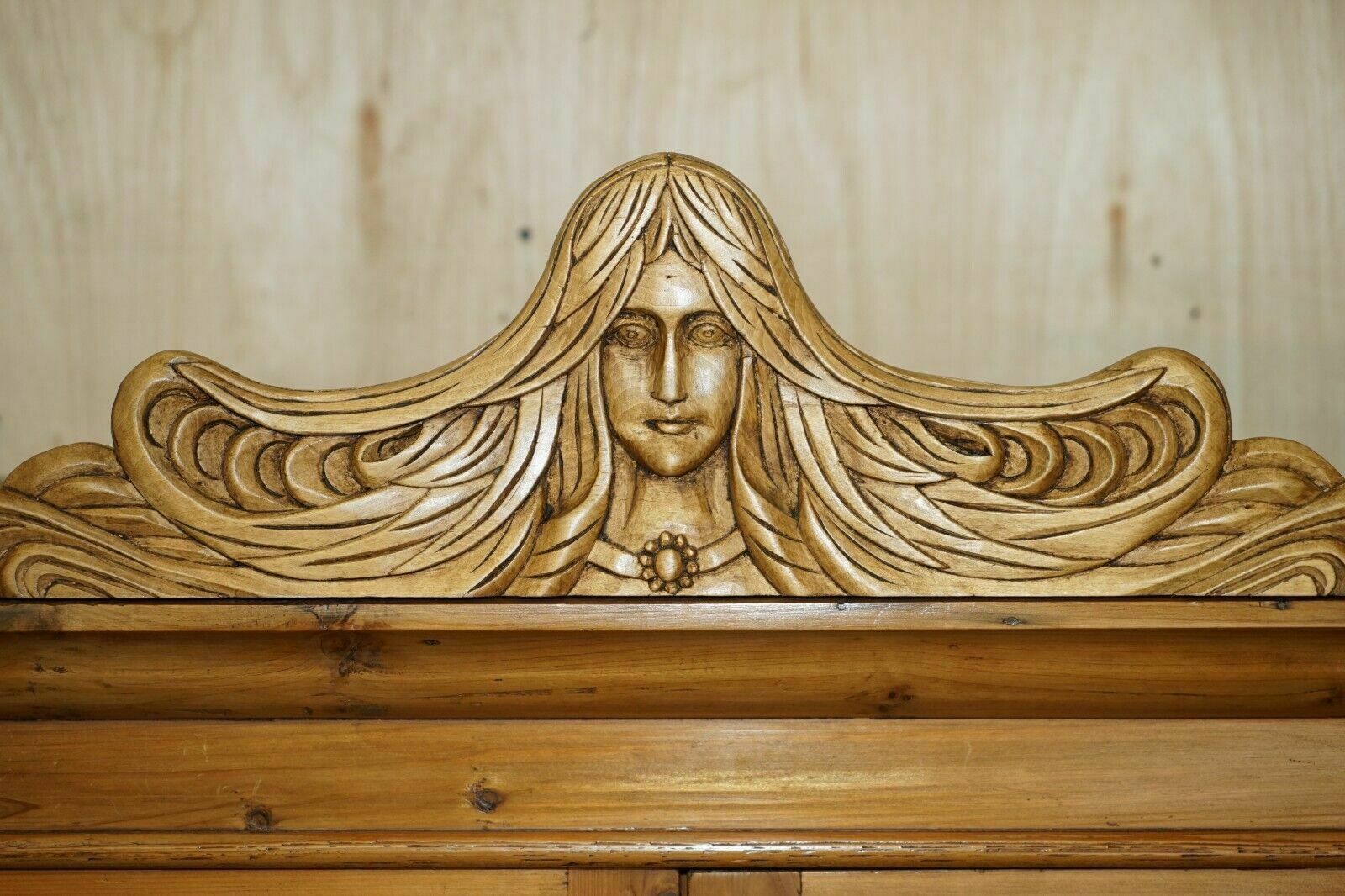 Exquisite Vintage Hand Carved Art Nouveau Pine Wardrobe Nude Nymphs Inside photo Furniture