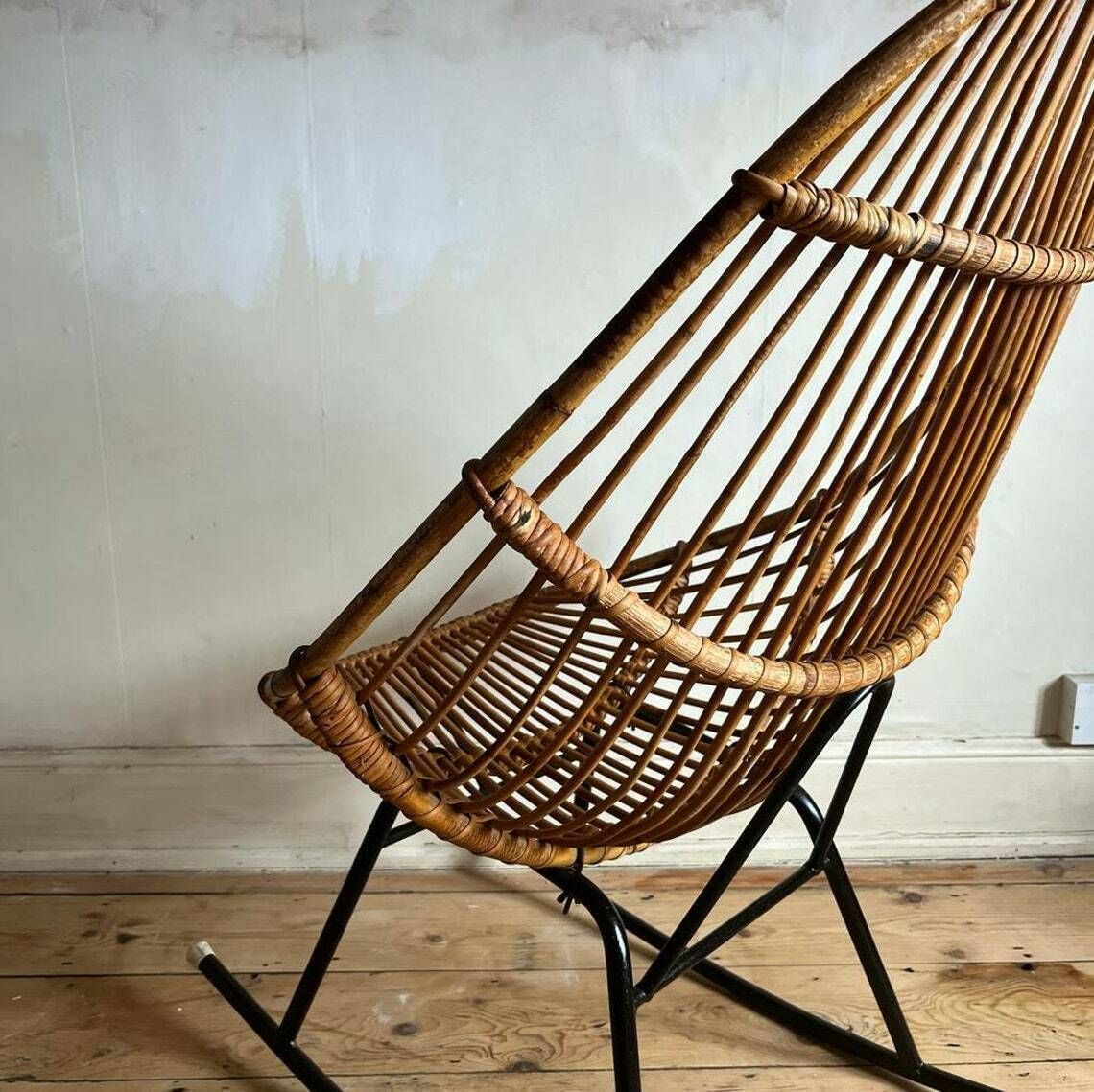 Italian Bamboo High Backed Rocking Chair With Black Frame photo for sale