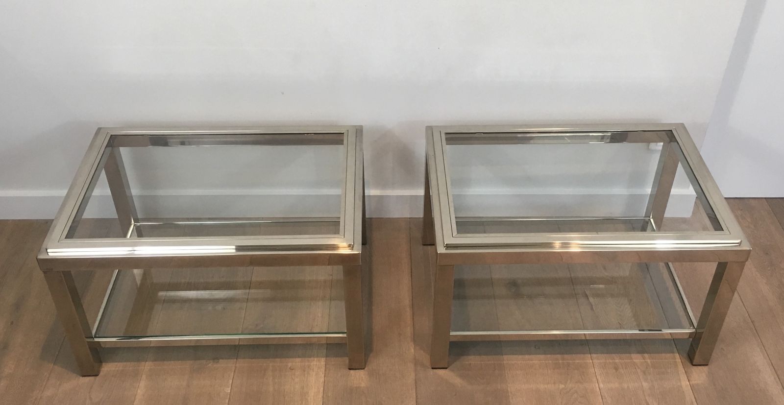 Pair Of Chrome End Tables With Glass Tops