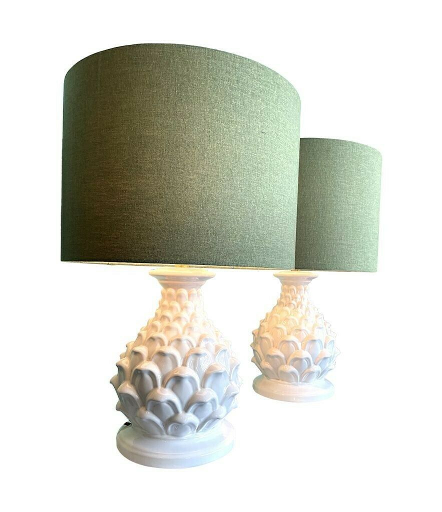 A Large Pair Of 1970s Italian Ceramic Artichoke Lamps With New Bespoke Shades photo Lighting