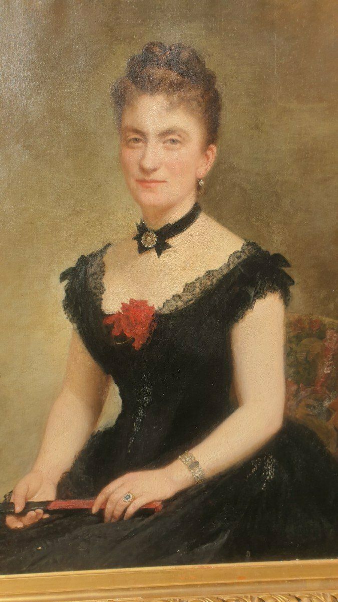 C Deschamps, Portrait Of Woman, In Black Dress, Xixth Century photo for sale