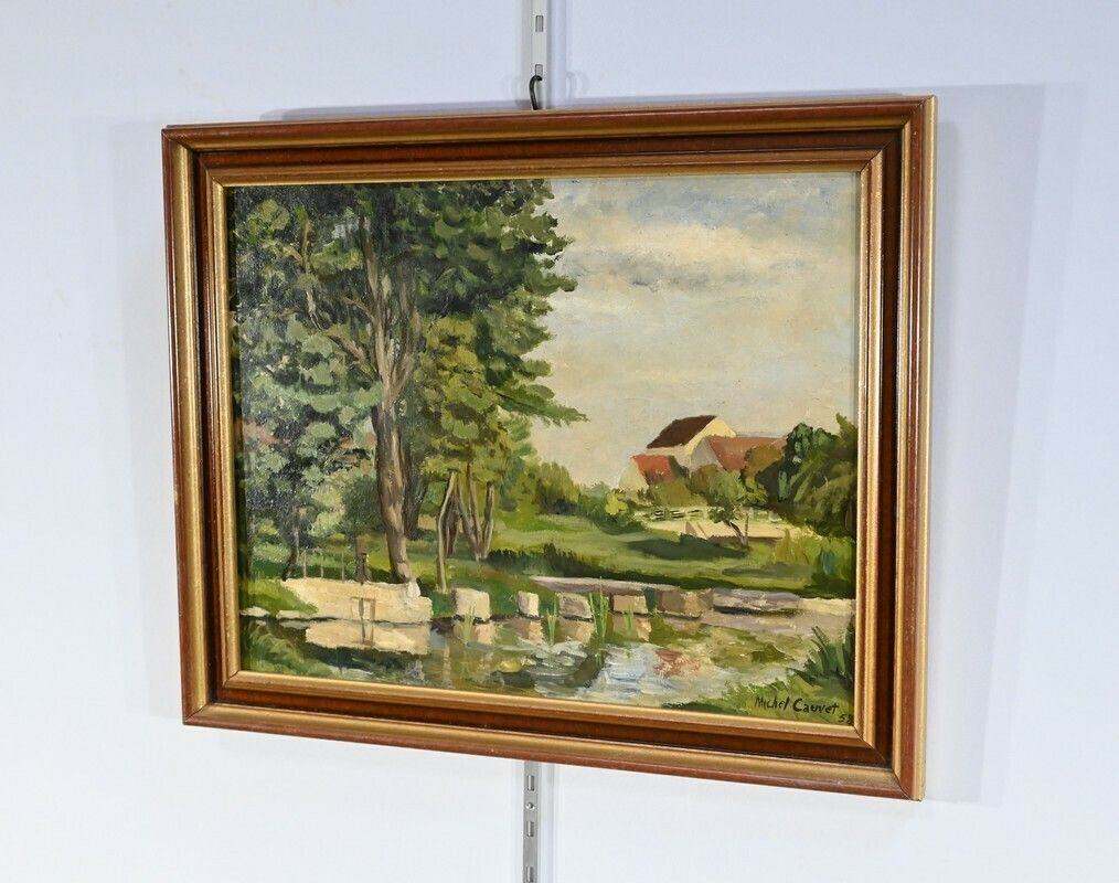 Oil Painting On Wood, Signed M.Cauvet – 1958 photo for sale