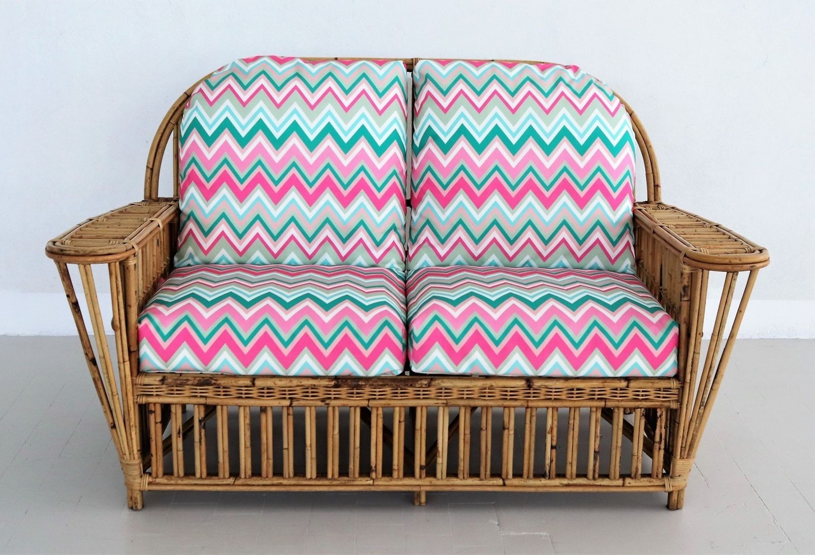 Italian Mid Century Bamboo And Rattan Sofa With New Upholstery, 1980s photo Furniture