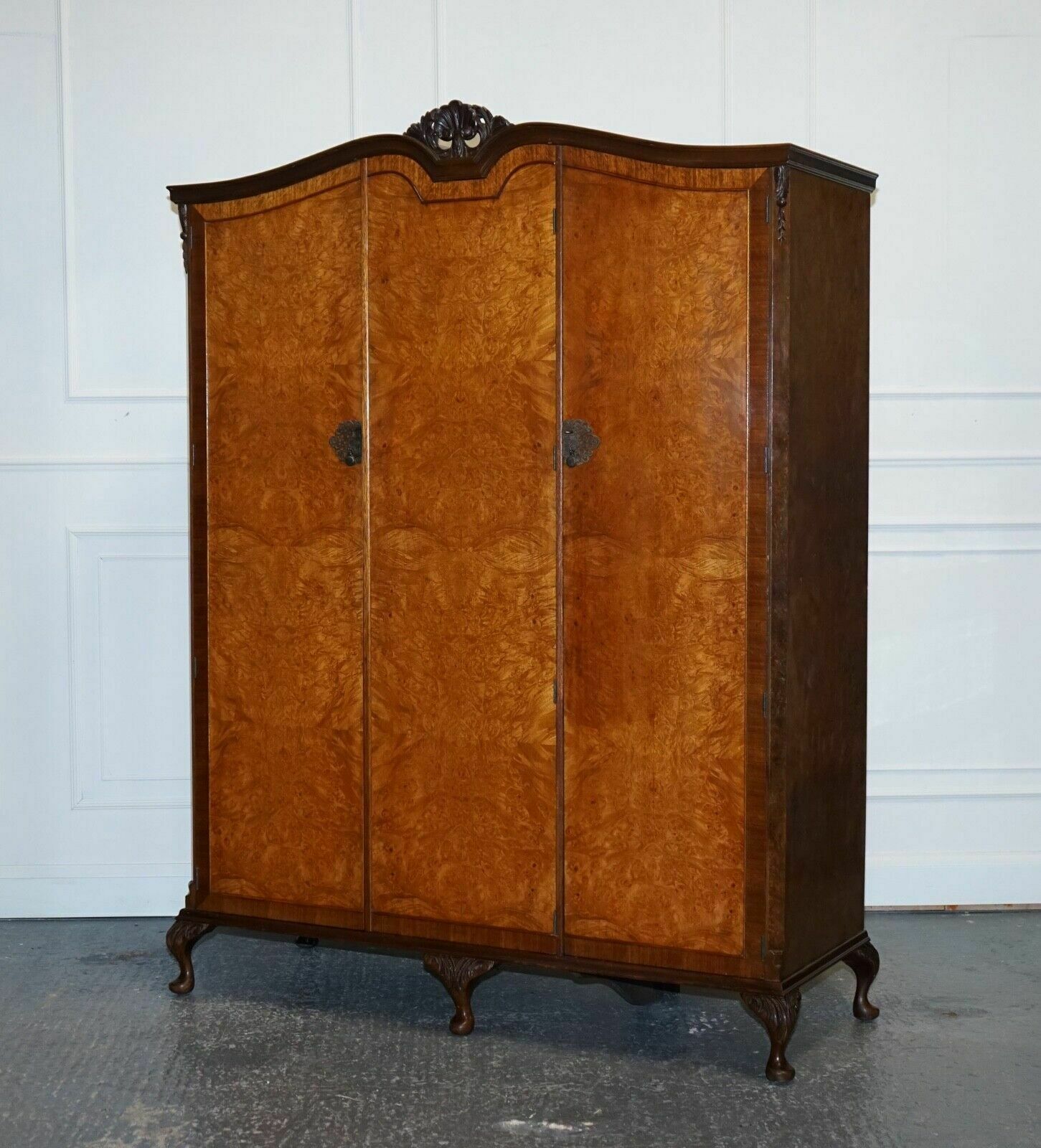 Antique Distressed Burr Walnut Triple Wardrobe With Queen Anne Legs photo for sale