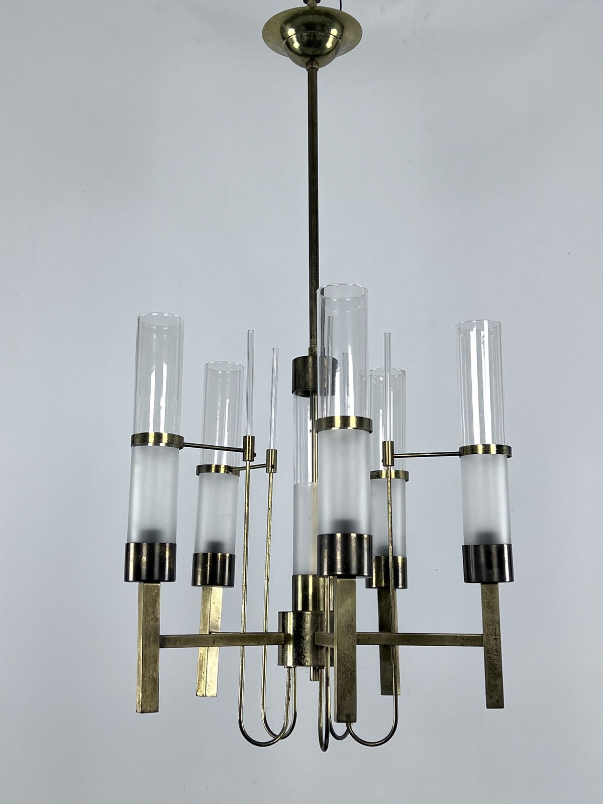 Sciolari, Five Arms Brass And Glass Tube Chandelier. Italy 1960s photo furniture
