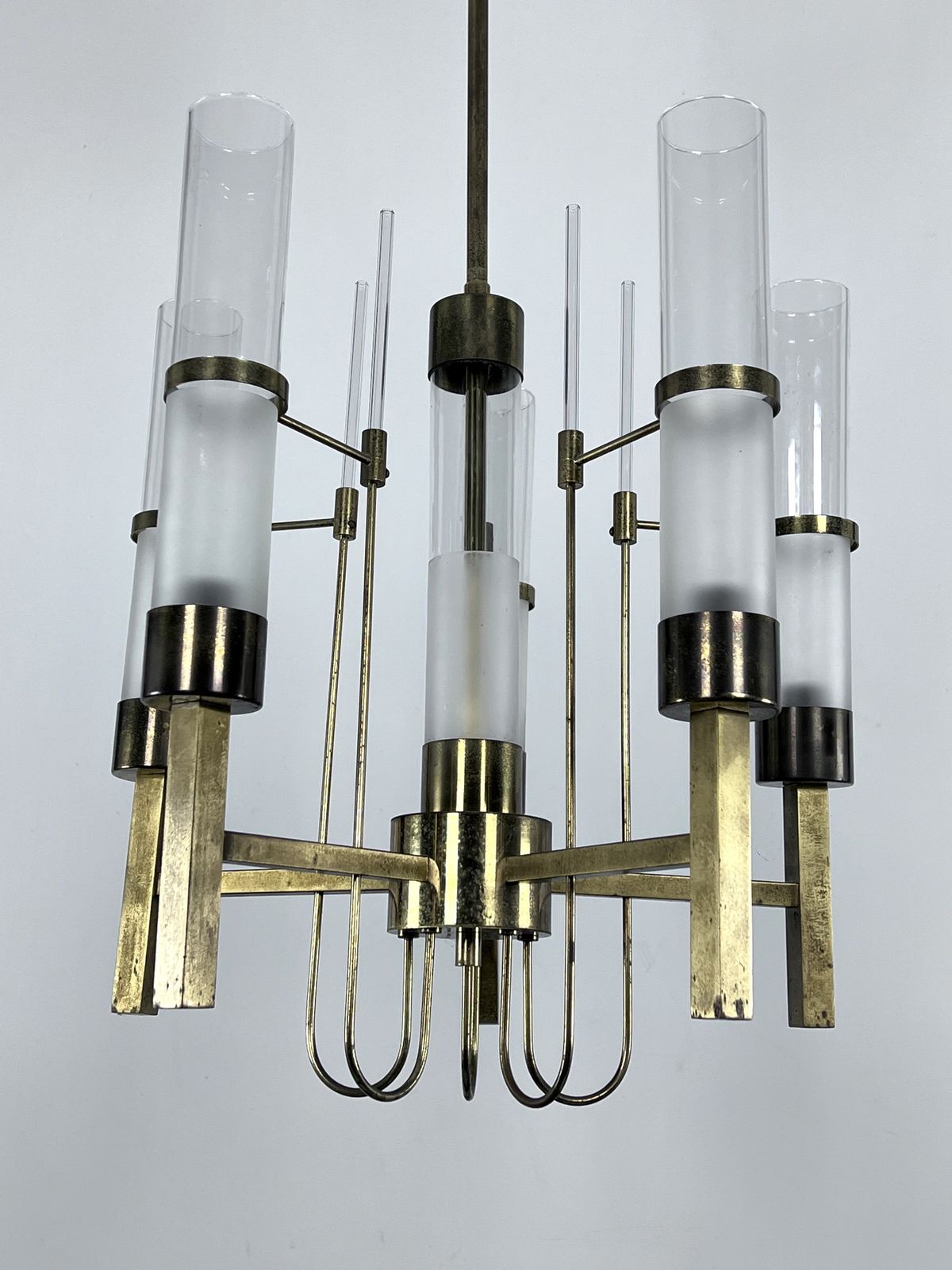 Sciolari, Five Arms Brass And Glass Tube Chandelier. Italy 1960s photo Lighting
