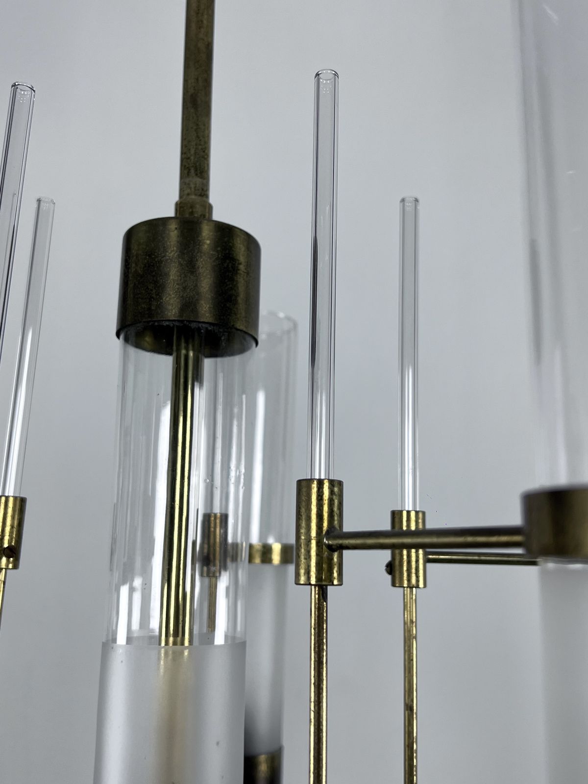 photo for sale Sciolari, Five Arms Brass And Glass Tube Chandelier. Italy 1960s