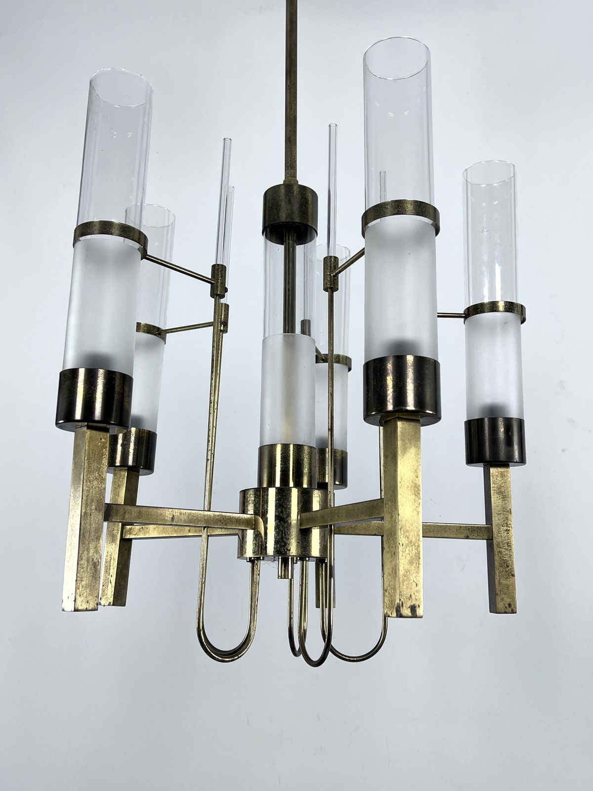Lighting Sciolari, Five Arms Brass And Glass Tube Chandelier. Italy 1960s photo