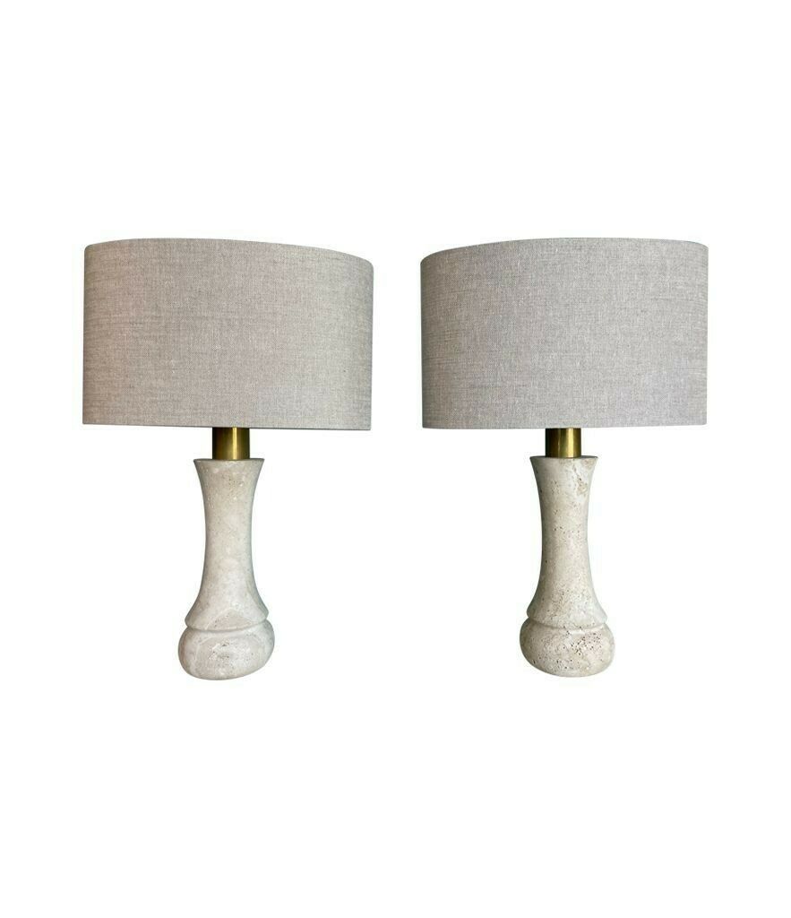 A Pair Of 1970s Travertine And Brass Lamps By Fratelli Mannelli With Bespoke Linen Shades photo for sale