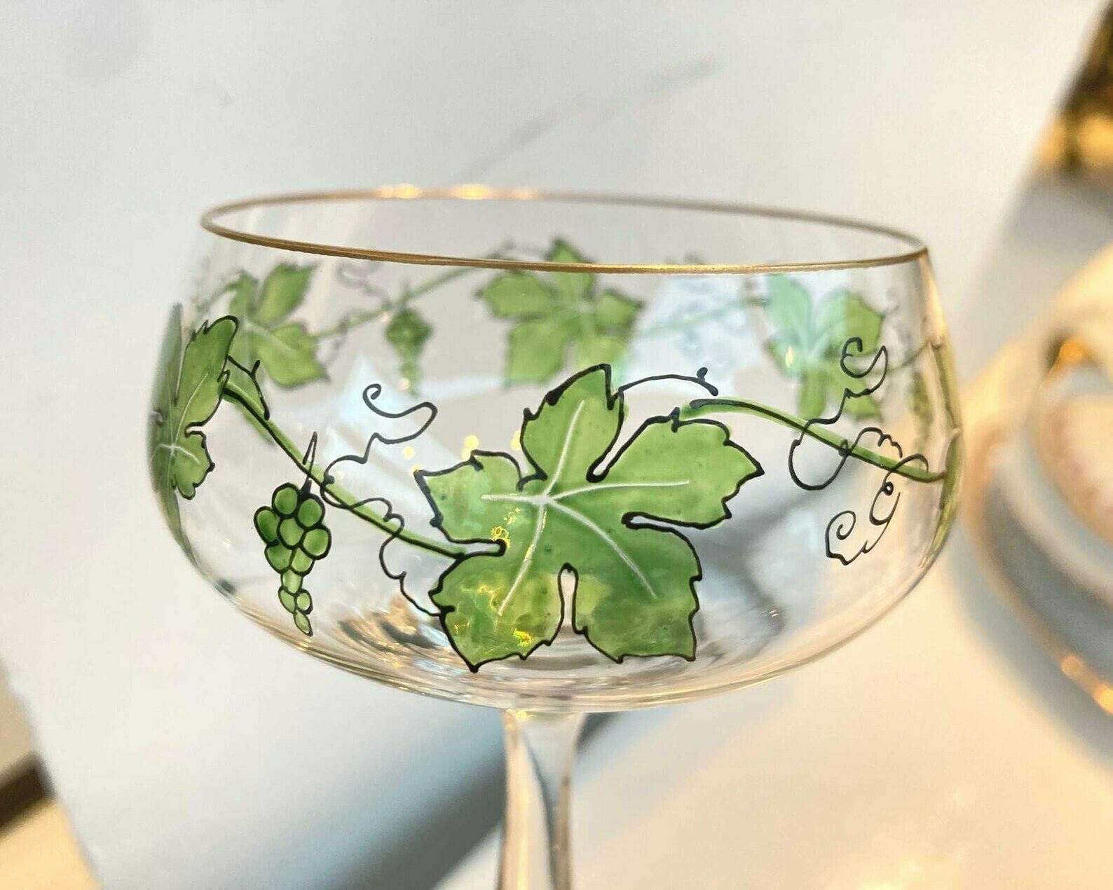 Jugendstil Wine Glasses | Art Deco Wine Goblets | By Theresianthal | Design Hans Christiansen | 6pcs| Grape Leaves | 1900 1905 photo Home Decor