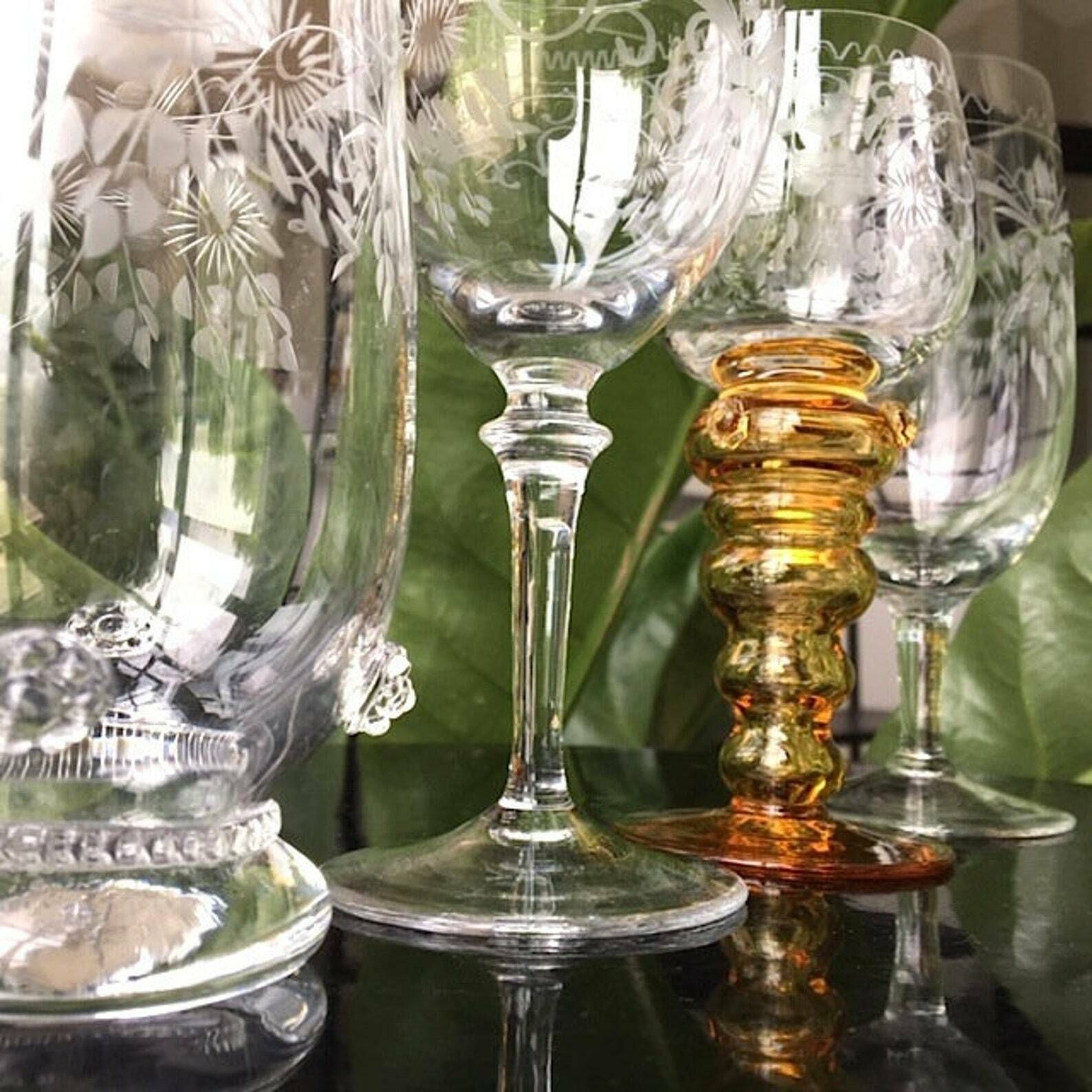 8x Antieke Waterglazen | Theresienthal | Vogelgravure photo 279.0