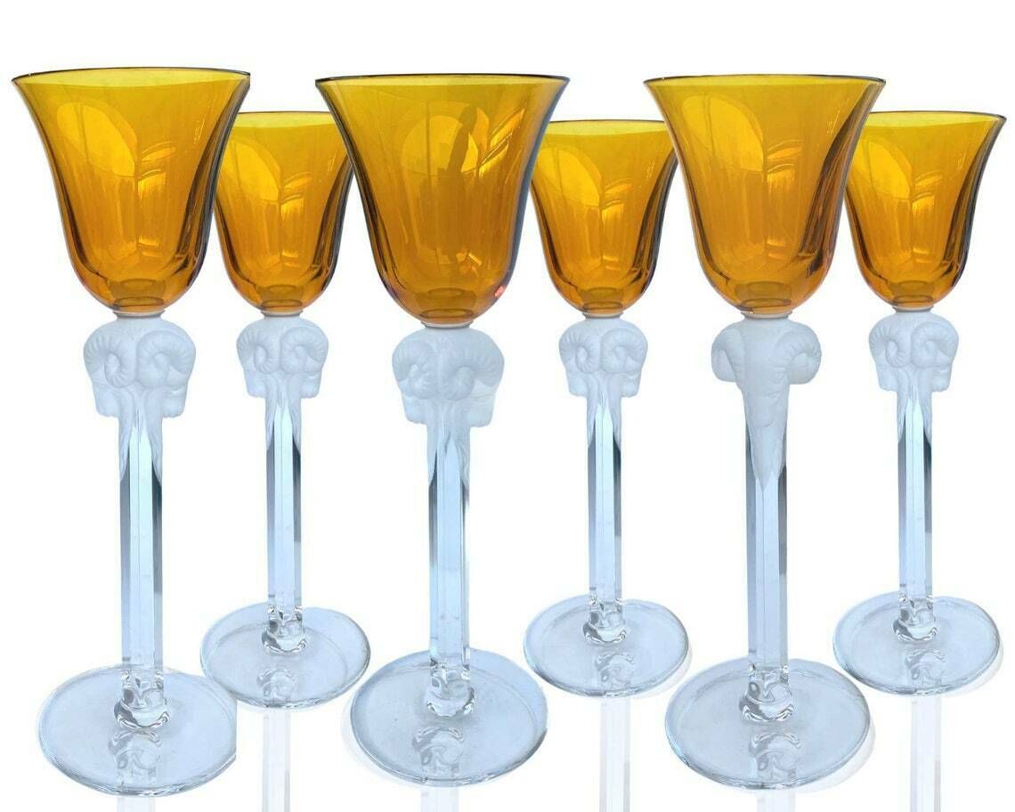Crystal Wine Glasses | Yellow Goblets | 6pcs| Frosted Rams Heads | Very Rare Lalique Style