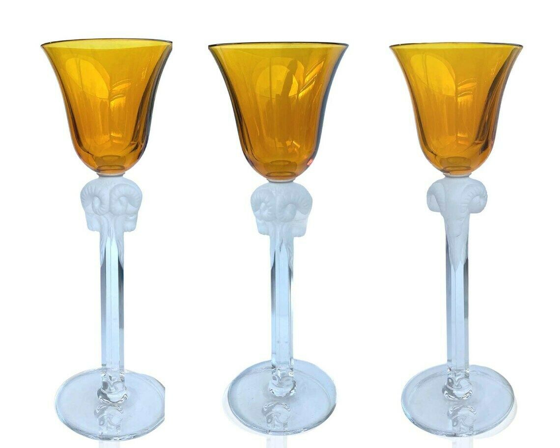 Crystal Wine Glasses | Yellow Goblets | 6pcs| Frosted Rams Heads | Very Rare Lalique Style photo 748.0