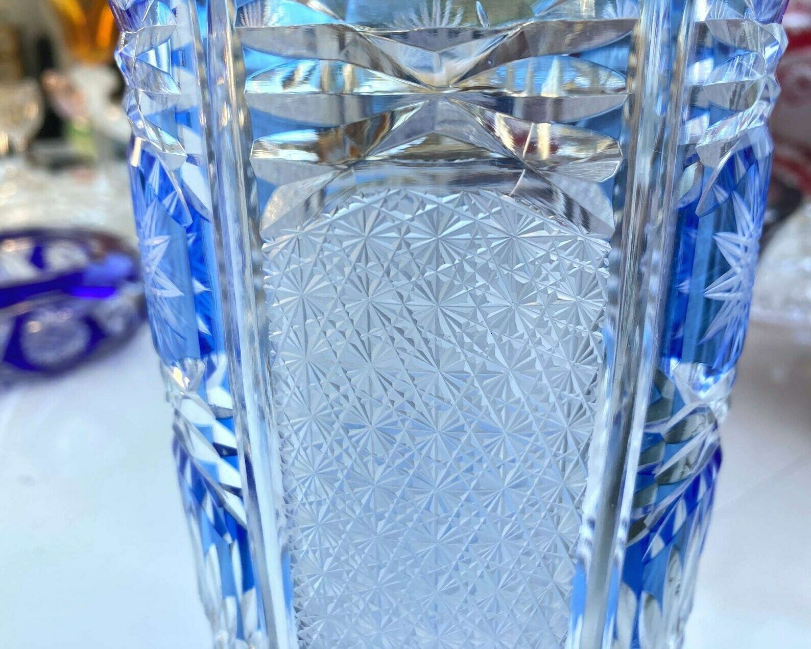 Aquamarine Crystal Vase | Light Blue Bowl | Color Overlay | Bohemian Cut Crystal photo 298.0