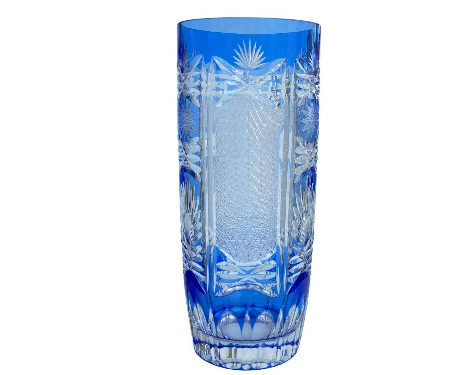 Aquamarine Crystal Vase | Light Blue Bowl | Color Overlay | Bohemian Cut Crystal photo vintage