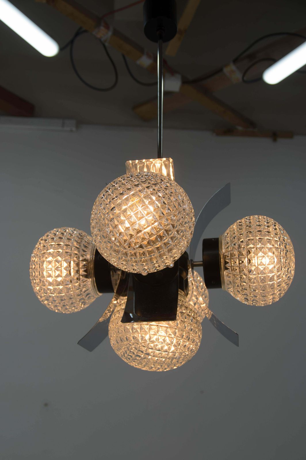 581.0 Mid Century Chrome & Glass Chandelier, Czechoslovakia, 1970s photo