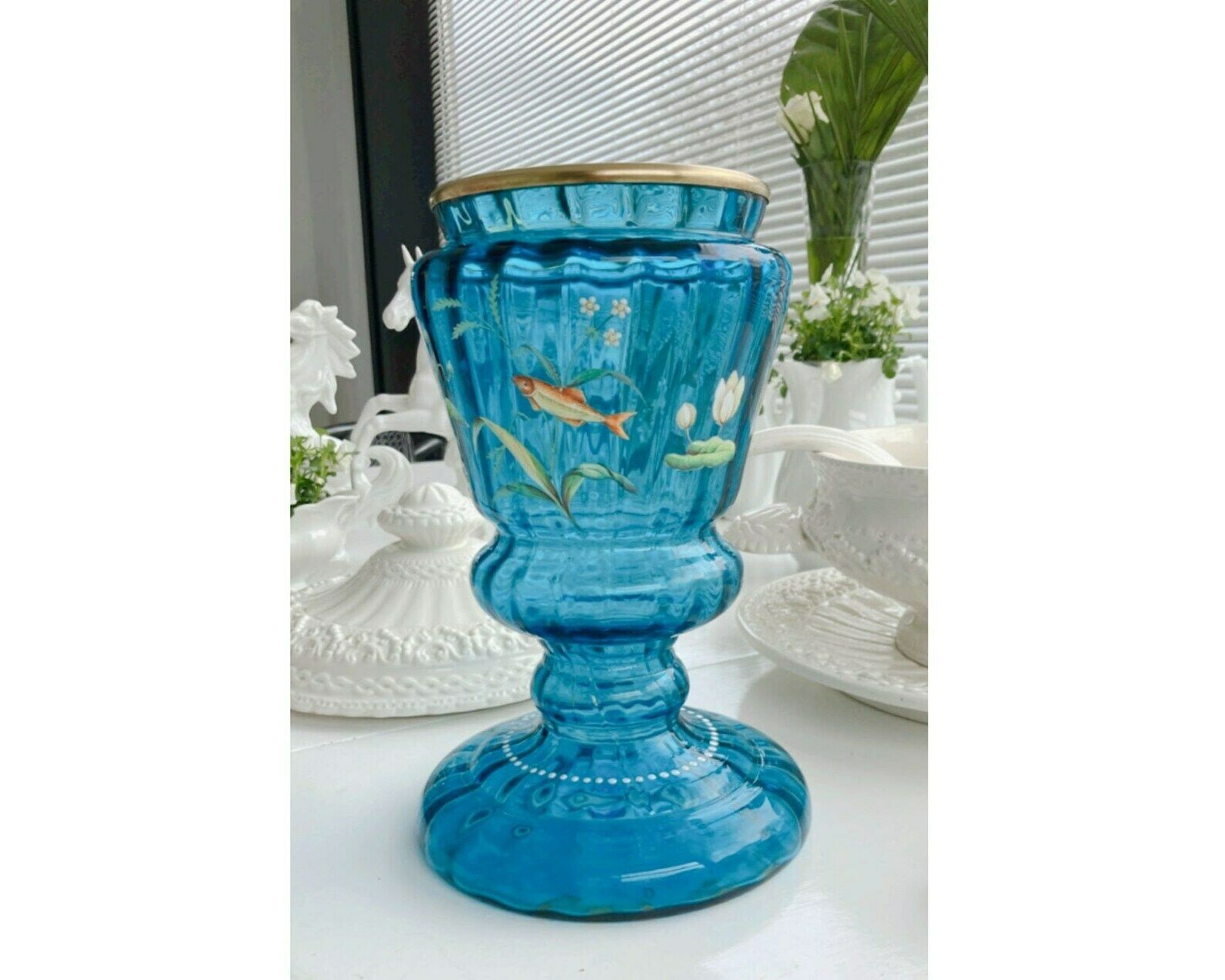 Antique Blue Glass Vase | Enamelled With Painted Fish | Harach Ca 1910 photo vinterior