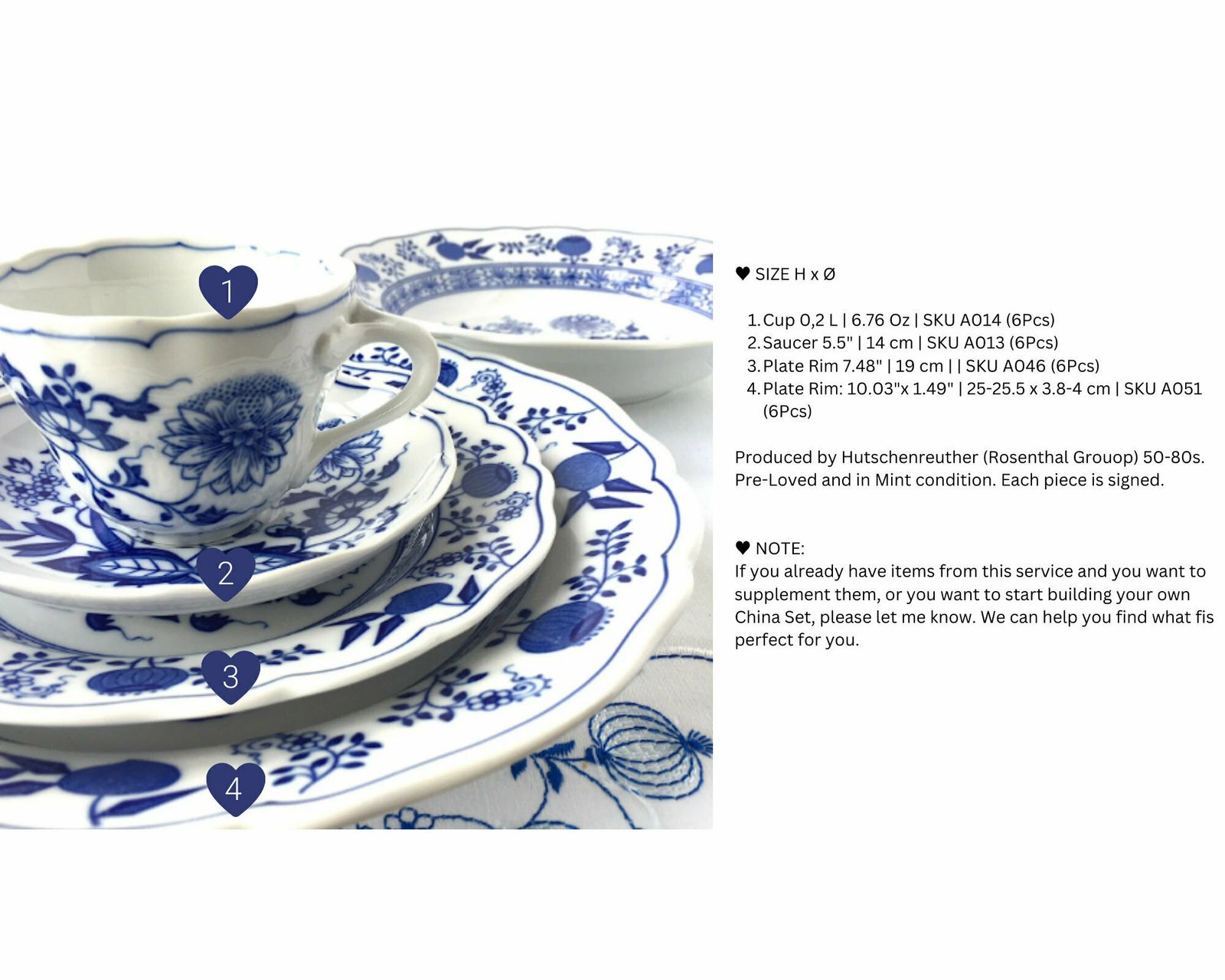 24x Blue Onion Dinnerware | Flat Plates With Cup And Saucers | Hutschenreuther Rosenthal photo 428.0