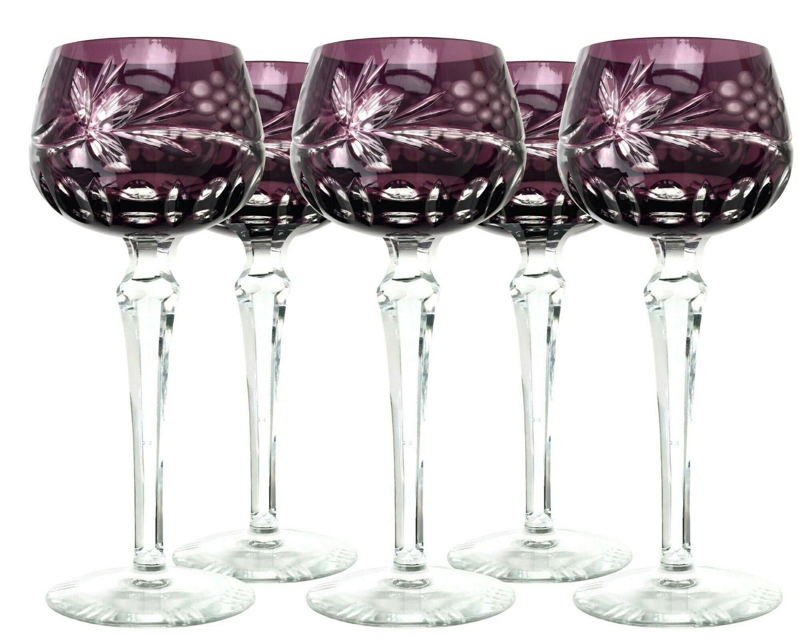 5x Purple Wine Glasses | Amethyst Wine Hocks | Cut To Clear Crystal | 1960s