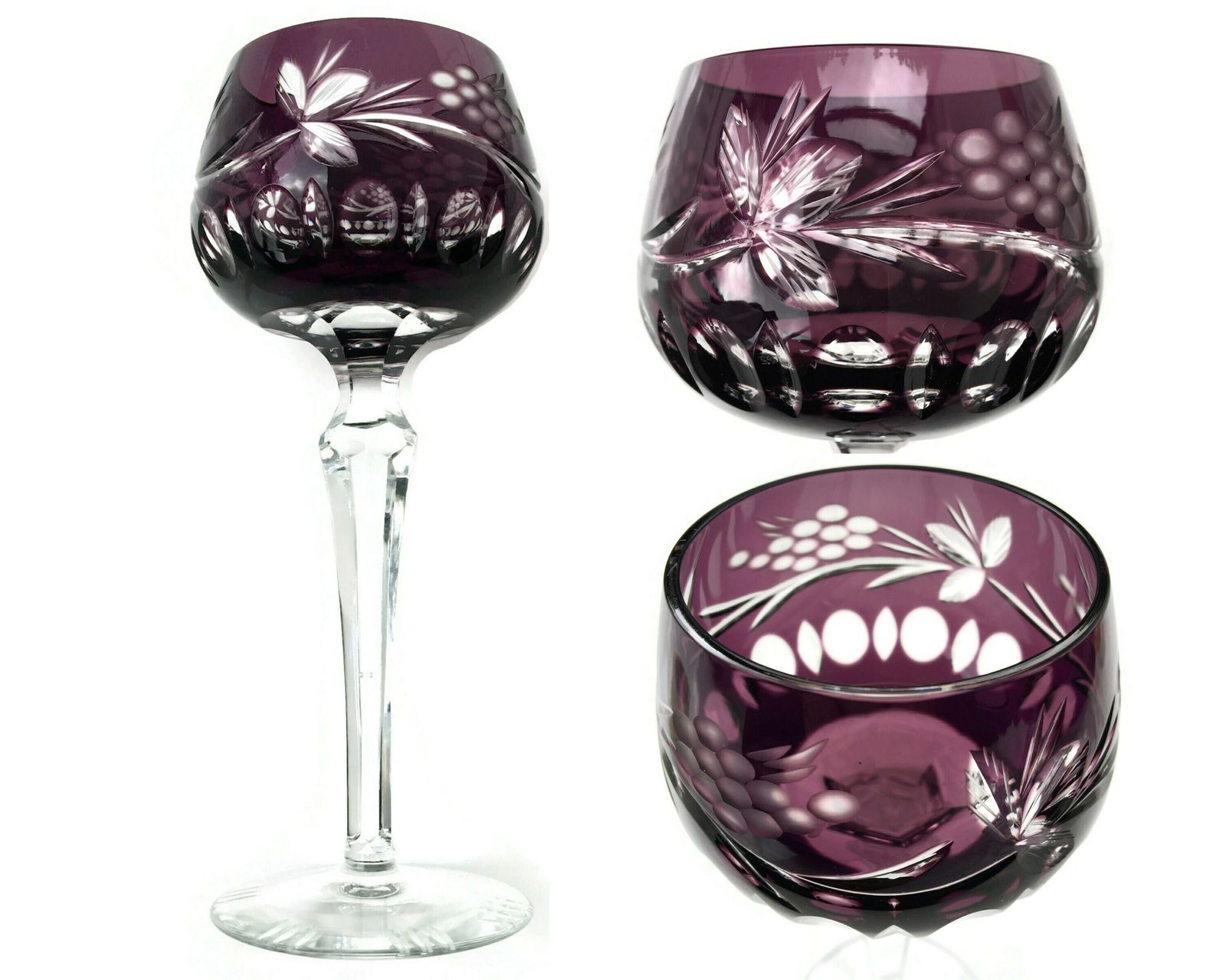 5x Purple Wine Glasses | Amethyst Wine Hocks | Cut To Clear Crystal | 1960s photo furniture