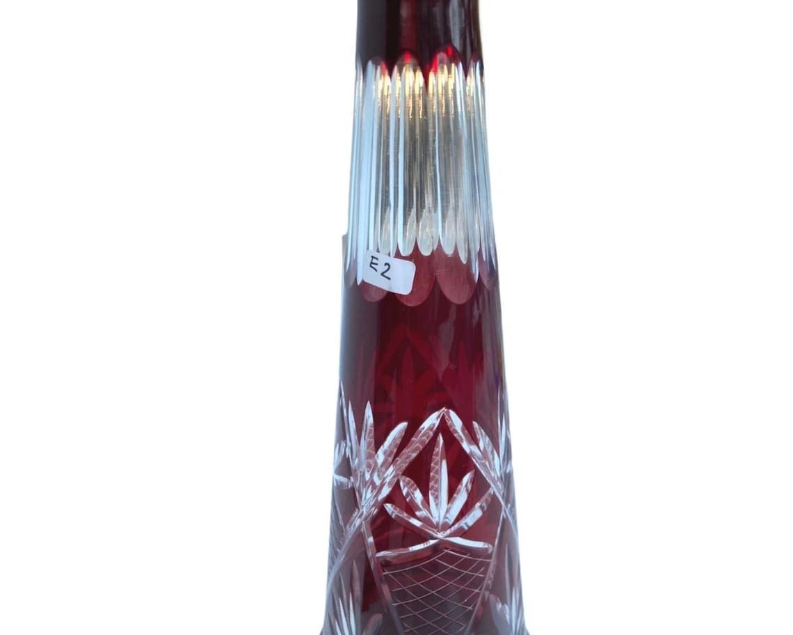Crystal Cylinder Decanter  Cut To Clear Carafe  Color Overlay In Ruby Red  Circa 1940s photo for sale