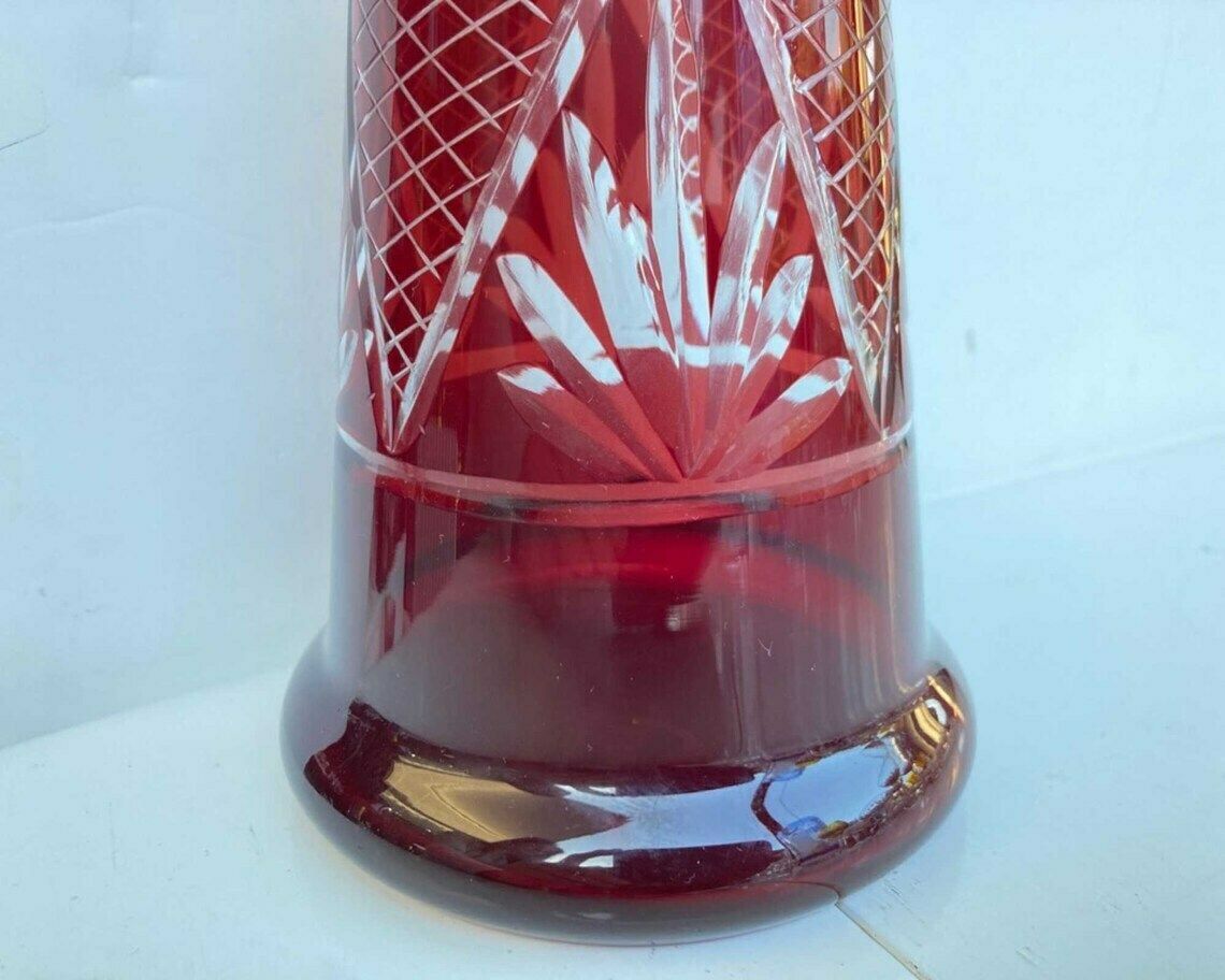 Crystal Cylinder Decanter  Cut To Clear Carafe  Color Overlay In Ruby Red  Circa 1940s photo Home Decor