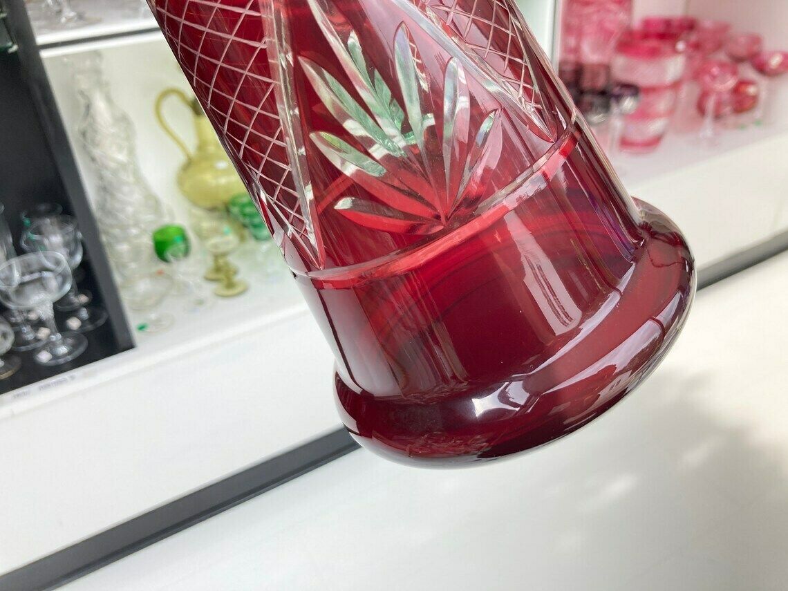 Crystal Cylinder Decanter  Cut To Clear Carafe  Color Overlay In Ruby Red  Circa 1940s photo buy
