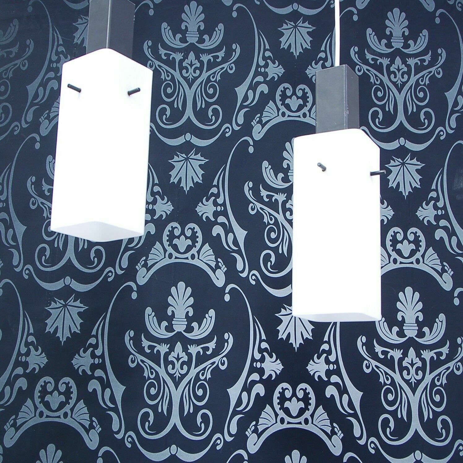 Pair Of Vintage Chandeliers 1950s Design Parallelepiped Lampshade Or Opal Glass photo buy
