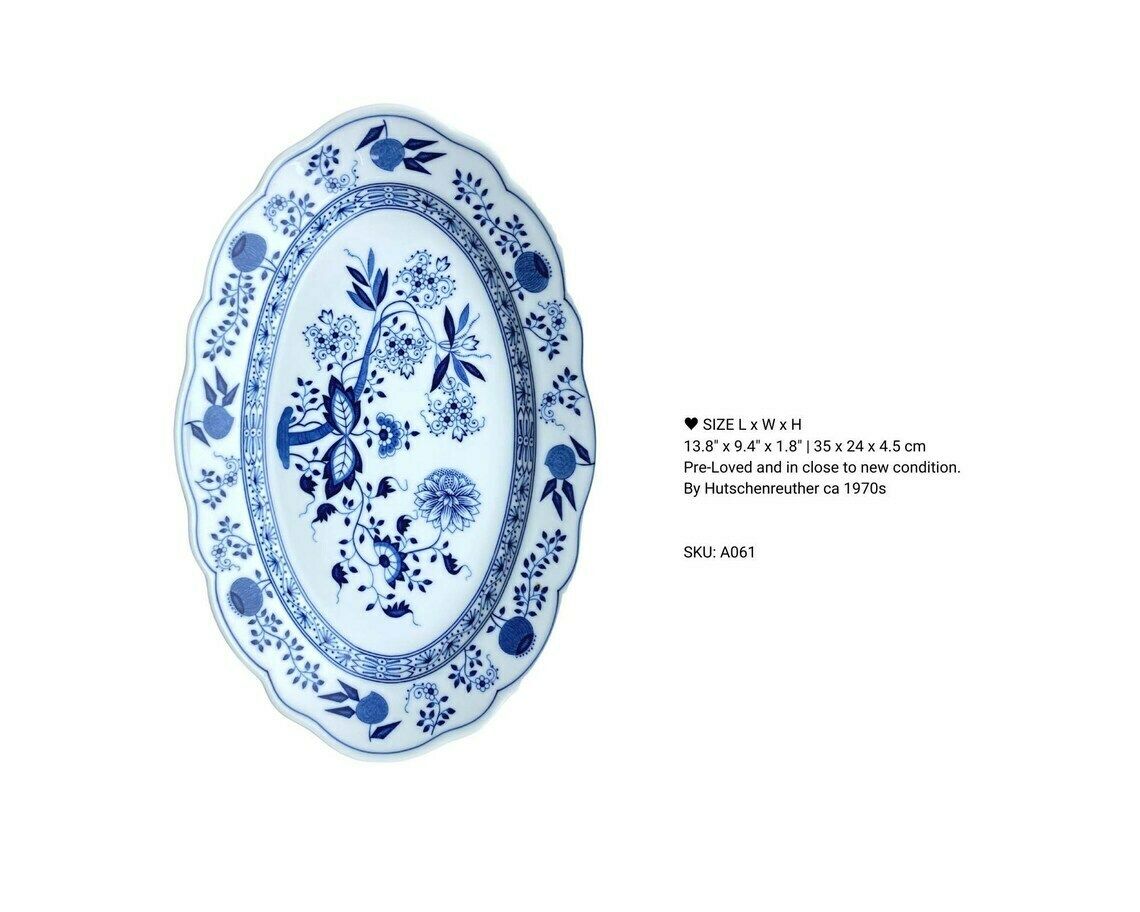 Blauw Uien Serveerschaal | Ovale Porseleinen Schaal | (1 Stuk) | Hutschenreuther (Rosenthal) photo vintage